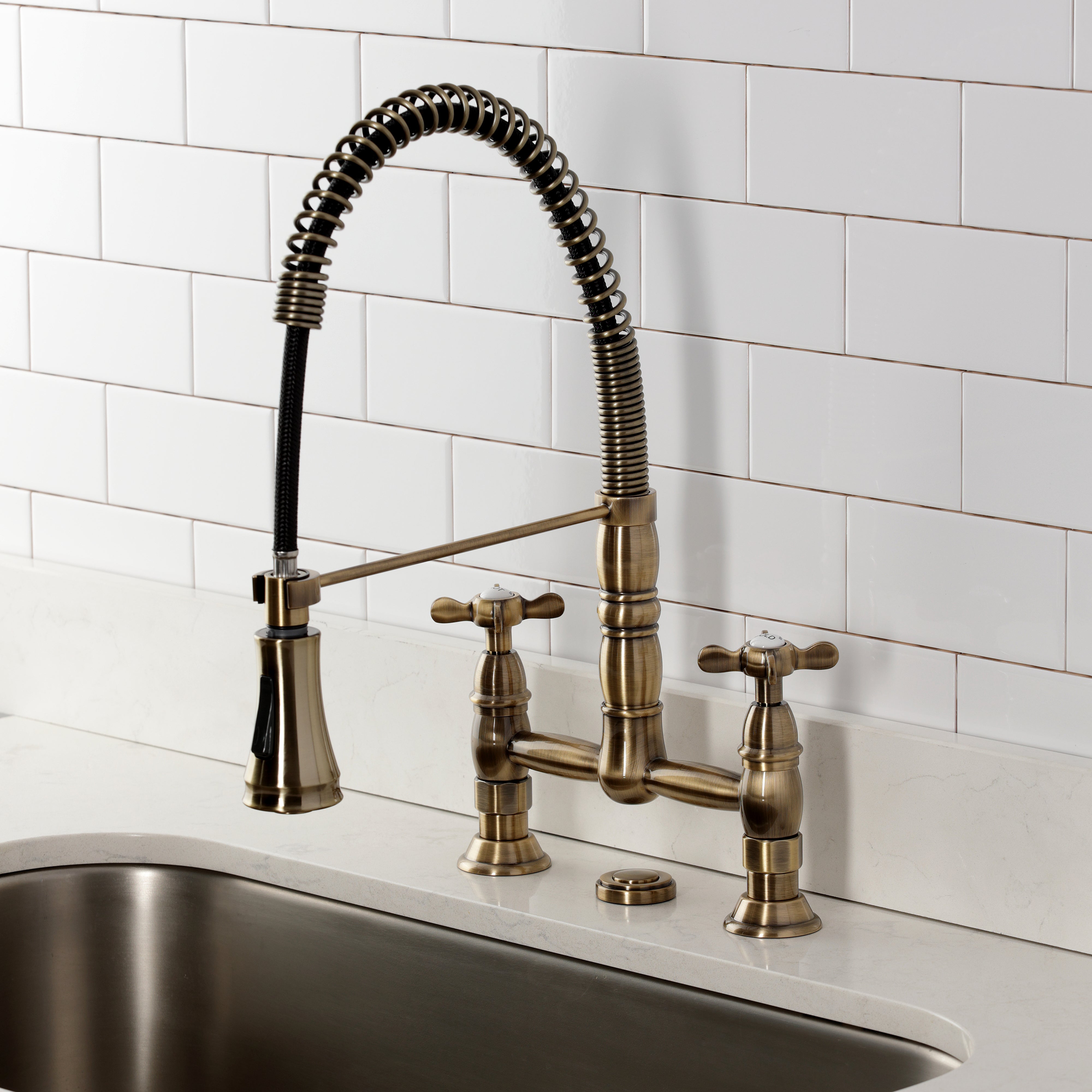Kingston Brass GS1273BEX Essex Double-Handle Deck-Mount Pre-Rinse Bridge Kitchen Faucet, Antique Brass