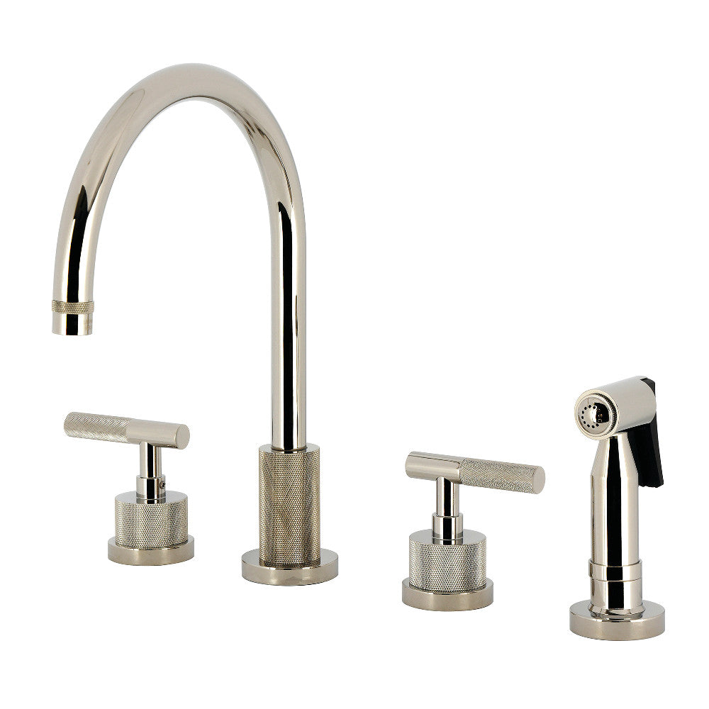 Kingston Brass KS8723KNLBS Convergent Double-Handle Widespread Kitchen Faucet with Knurled Handle and Brass Sprayer, Antique Brass