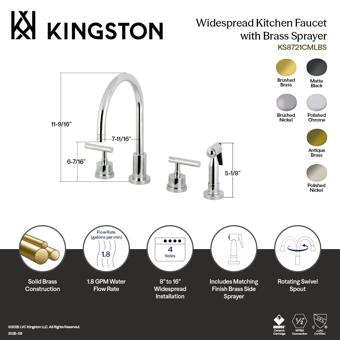 Kingston Brass KS8723CMLBS Manhattan Double-Handle Widespread Kitchen Faucet with Brass Sprayer, Antique Brass diagram and features.