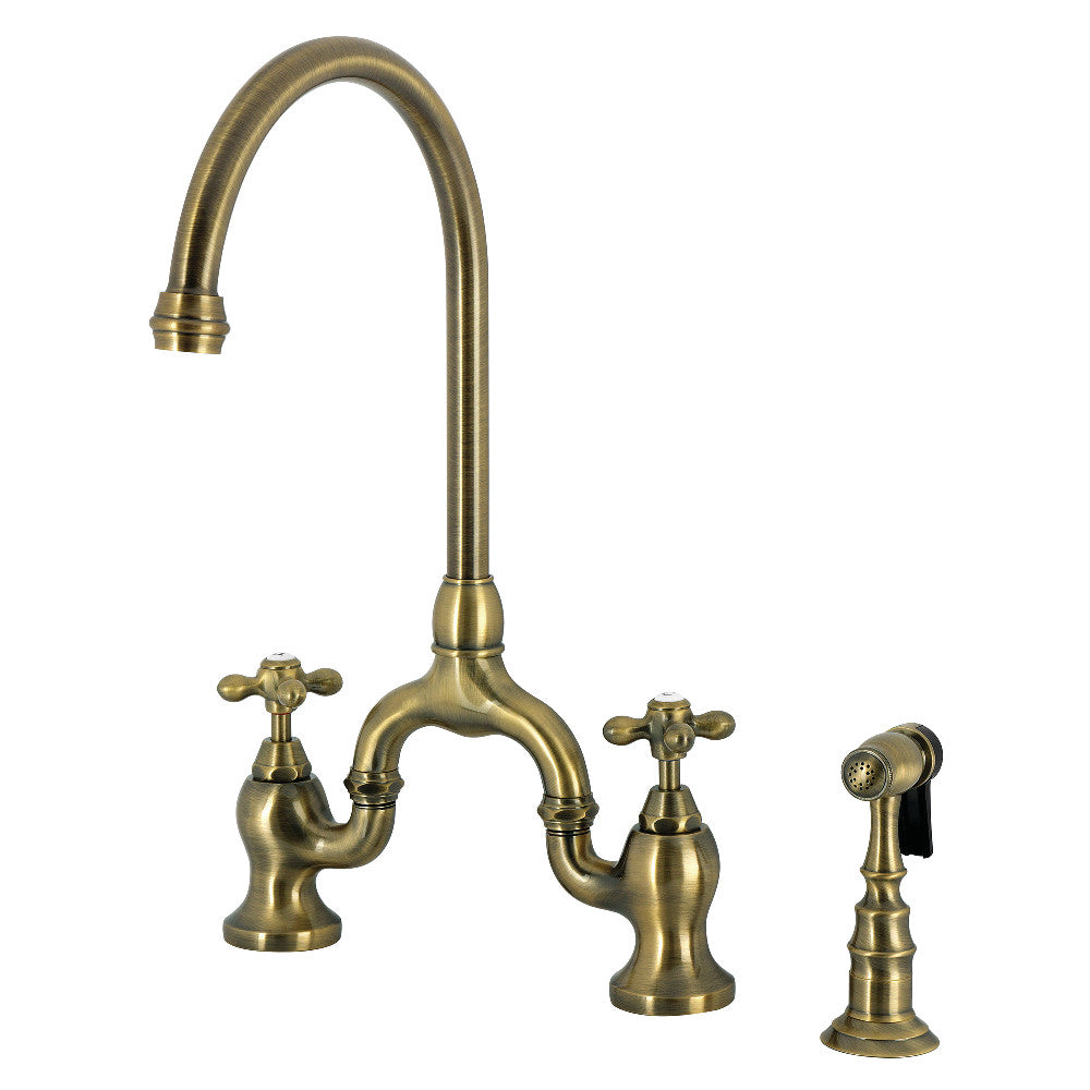 Kingston KS7793AXBS English Country Bridge Kitchen Faucet with Brass Sprayer, Antique Brass