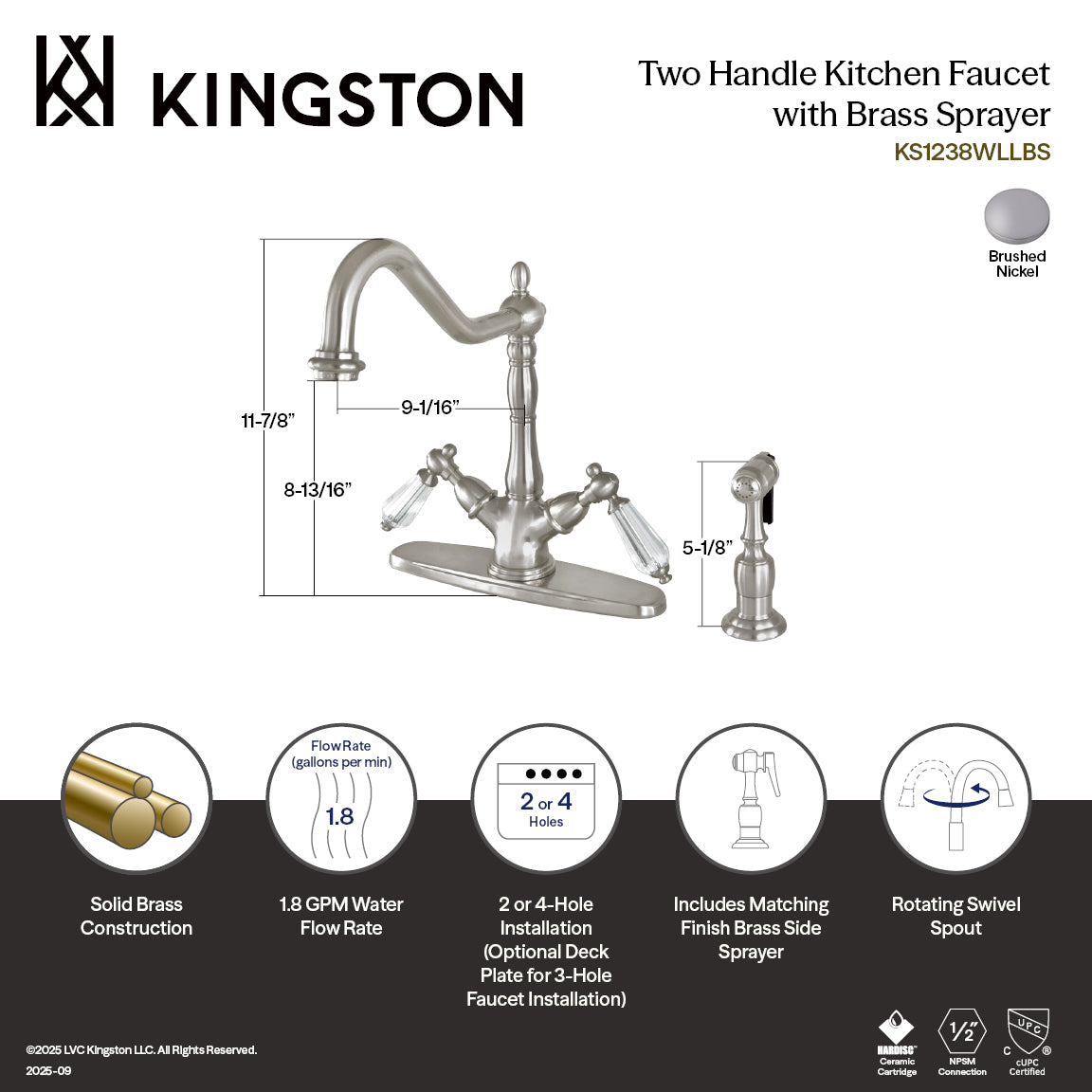 Kingston KS1238WLLBS Wilshire Two-Handle Kitchen Faucet with Brass Sprayer, Brushed Nickel dimensions and features