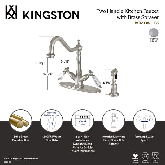 Kingston KS1238WLLBS Wilshire Two-Handle Kitchen Faucet with Brass Sprayer, Brushed Nickel dimensions and features