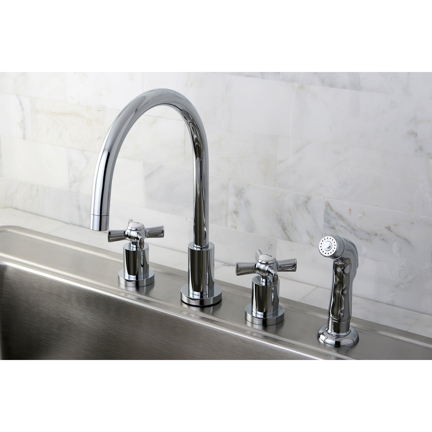 Kingston Brass KS8728ZX Millennium Double-Handle Widespread Kitchen Faucet with Plastic Sprayer, Brushed Nickel