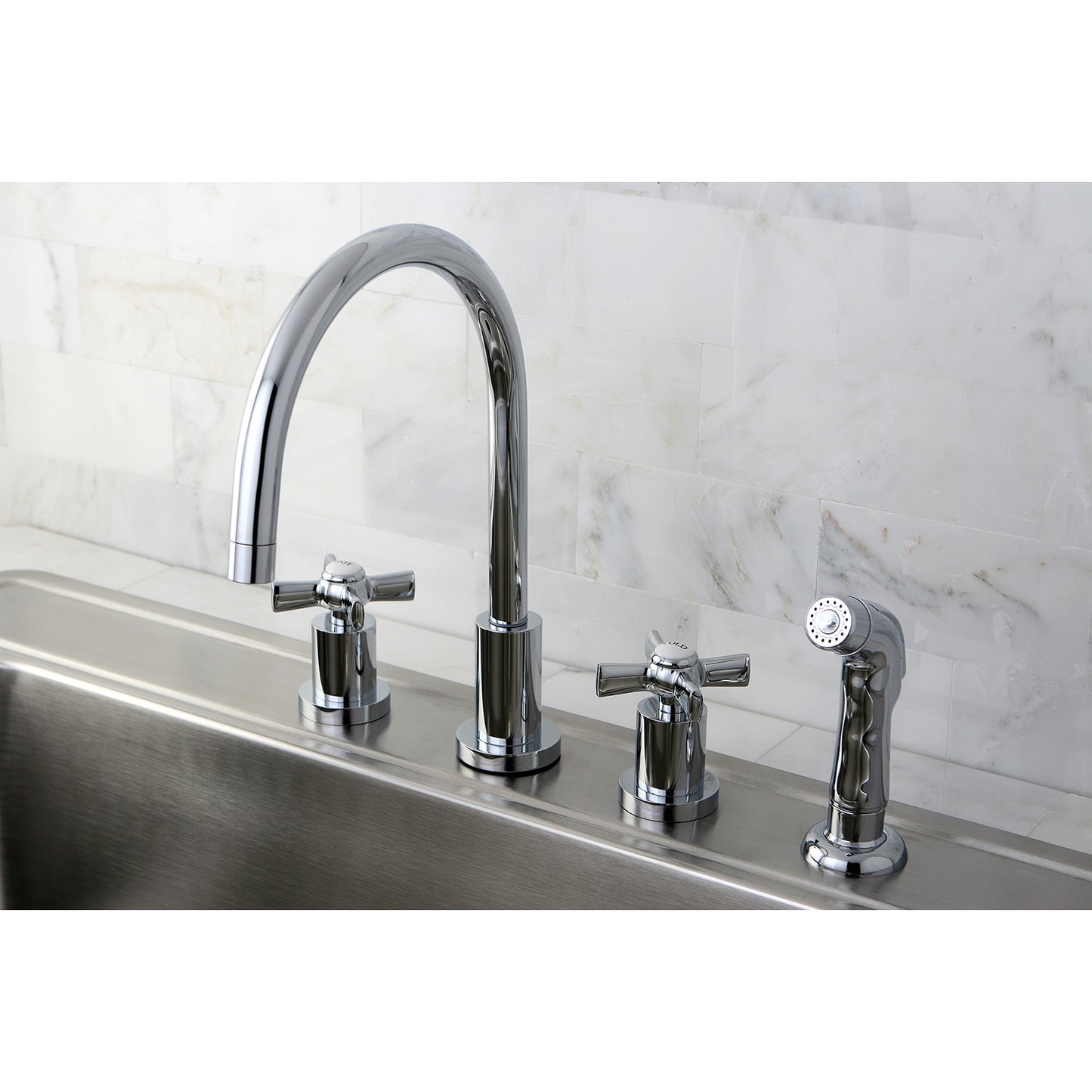 Kingston Brass KS8728ZX Millennium Double-Handle Widespread Kitchen Faucet with Plastic Sprayer, Brushed Nickel