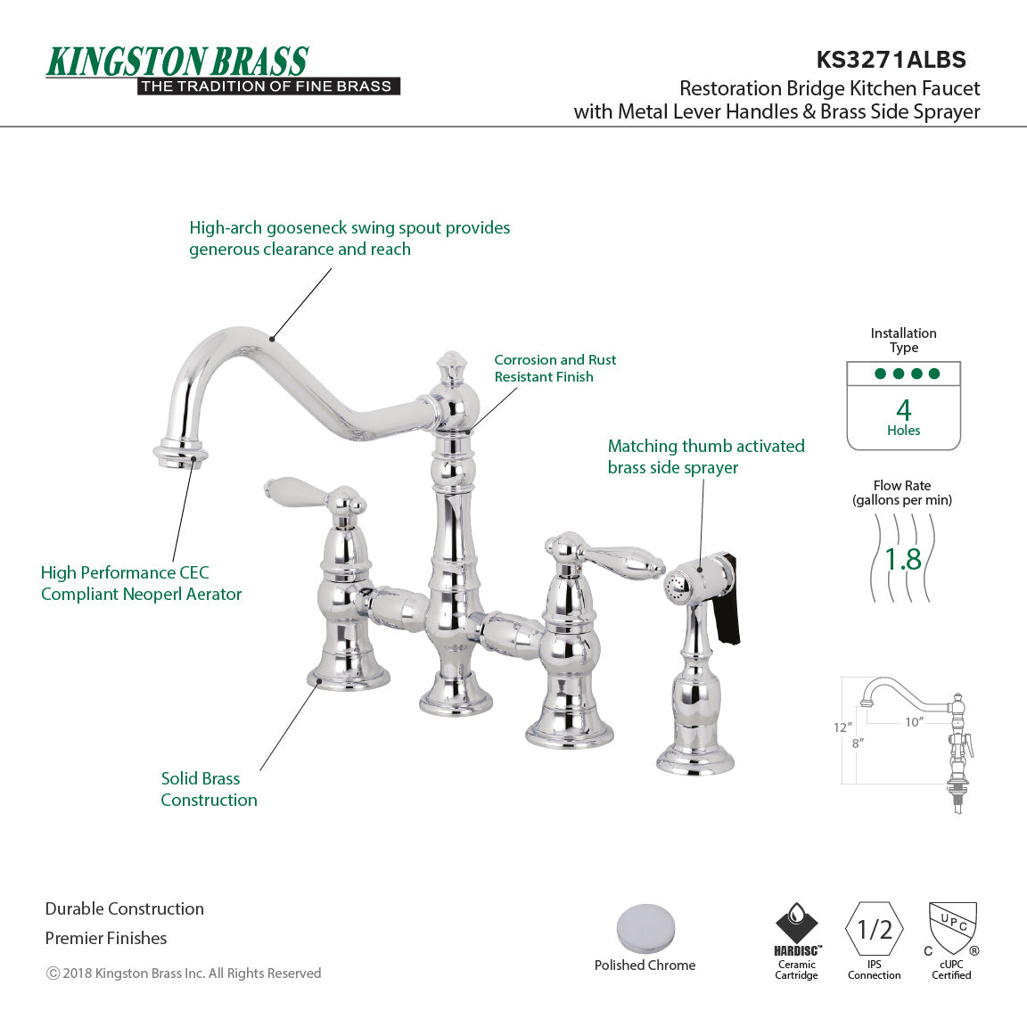 Kingston KS3277ALBS Restoration Bridge Kitchen Faucet with Brass Sprayer, Brushed Brass image showcasing elegant design and features.