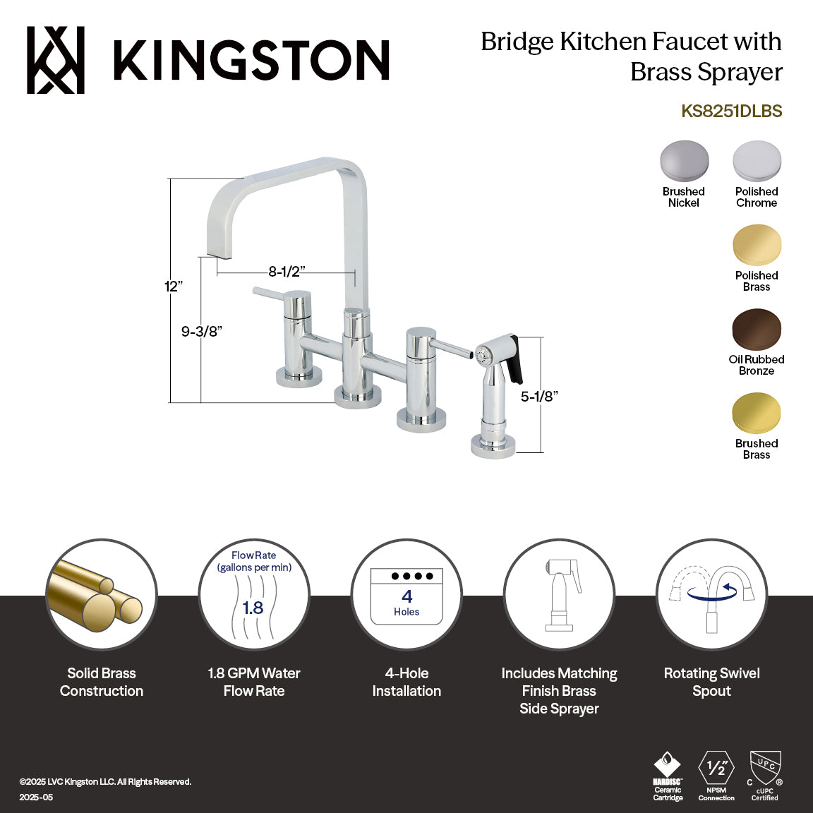 Kingston KS8257DLBS Concord Bridge Kitchen Faucet with Brass Sprayer, Brushed Brass dimensions and features diagram.