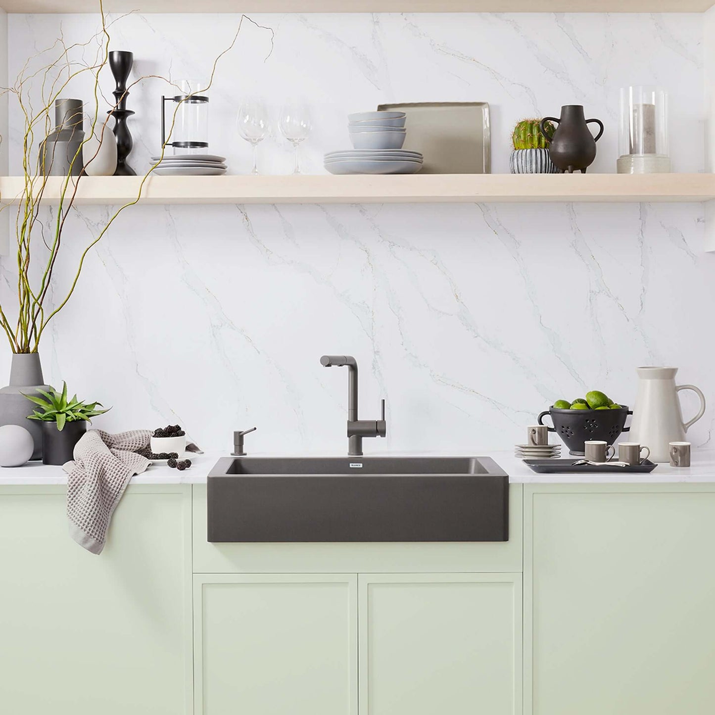 BLANCO VINTERA 30" SILGRANIT Single Bowl Farmhouse Sink showcased in a modern kitchen design with stylish decor.