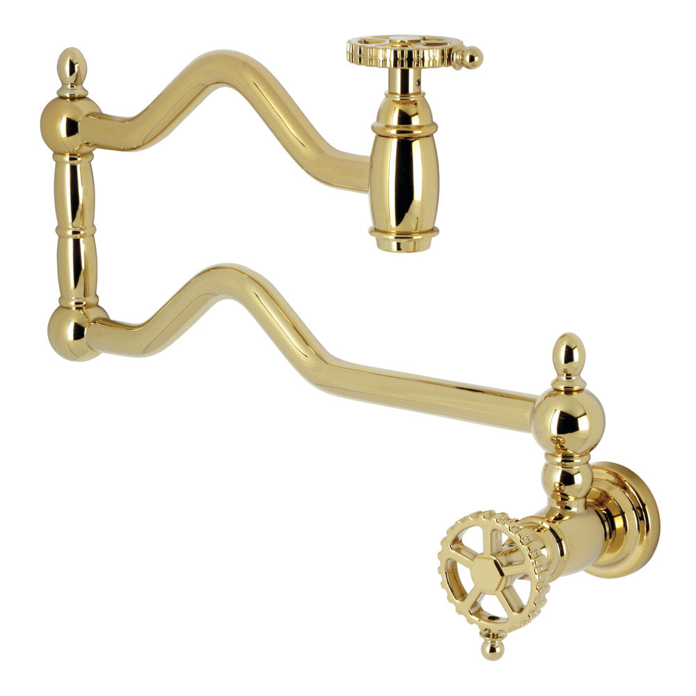 Kingston Brass KS2107CG Fuller Wall Mount Pot Filler Faucet, Brushed Brass design with elegant swing arms.
