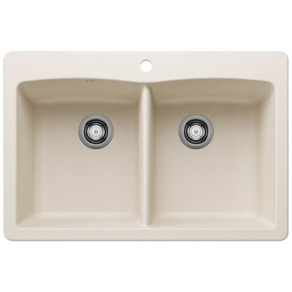 BLANCO Diamond SILGRANIT 33" 50/50 Double Bowl Dual Mount Kitchen Sink in beige with two drain openings.