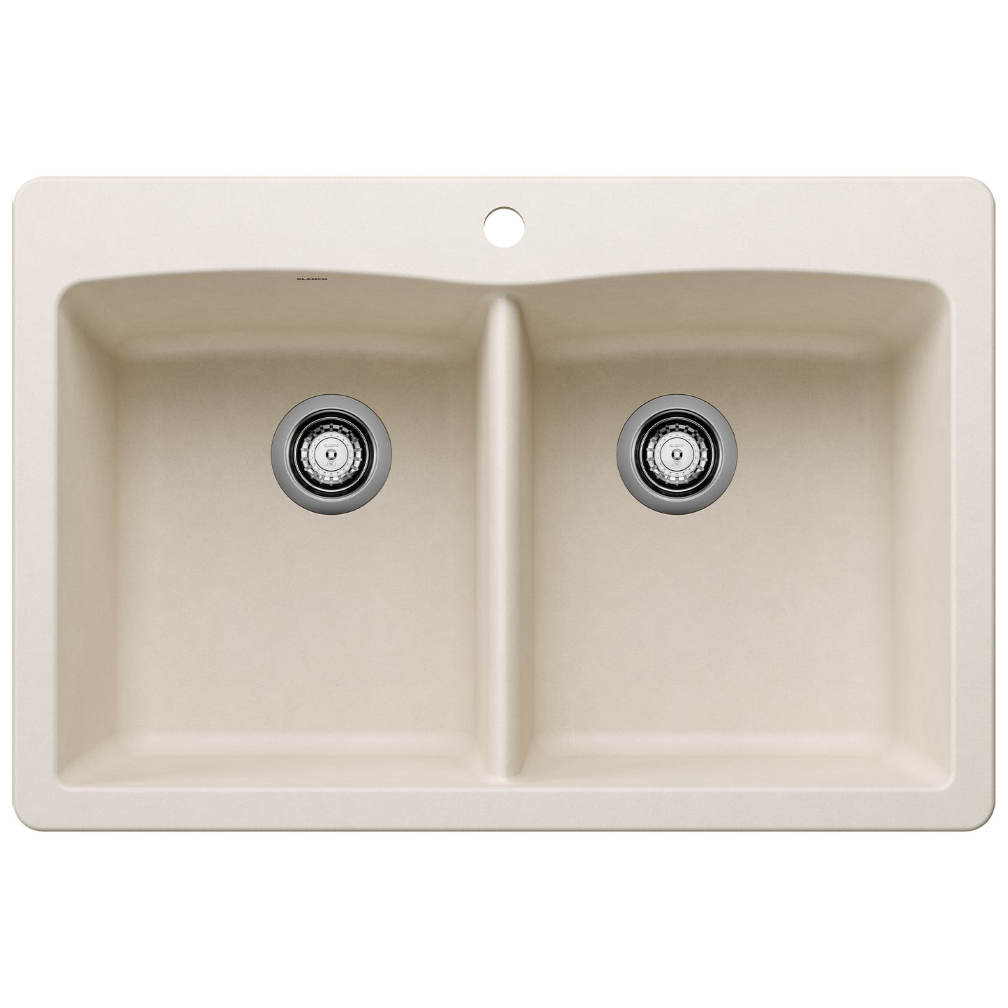 BLANCO Diamond SILGRANIT 33" 50/50 Double Bowl Dual Mount Kitchen Sink in beige with two drain openings.