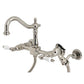 Kingston KS1263PLBS Heritage Two-Handle Wall Mount Bridge Kitchen Faucet with Brass Sprayer, Antique Brass close-up view