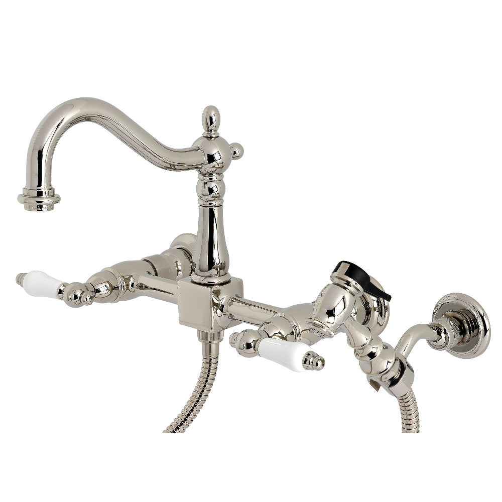 Kingston KS1263PLBS Heritage Two-Handle Wall Mount Bridge Kitchen Faucet with Brass Sprayer, Antique Brass close-up view