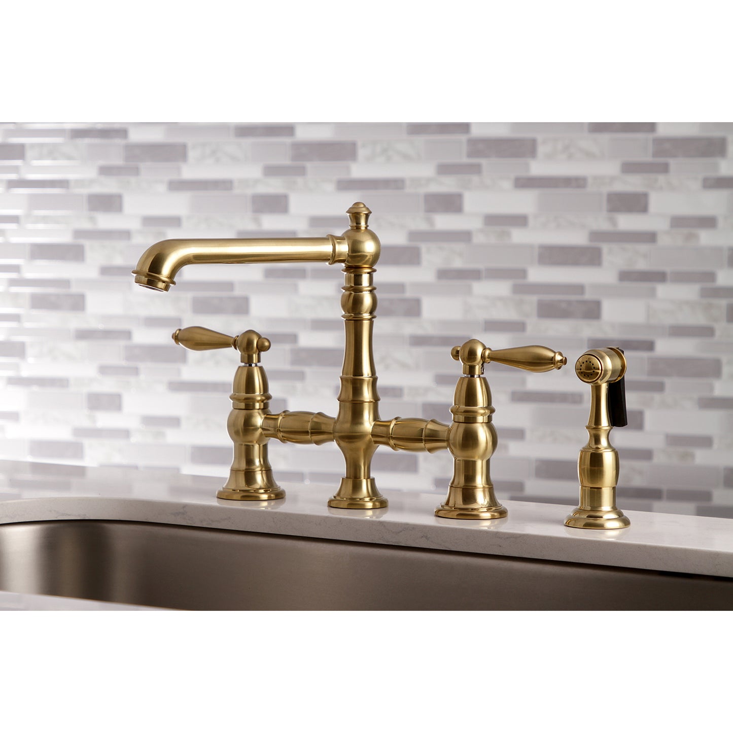 Kingston KS7277ALBS English Country Bridge Kitchen Faucet with Brass Sprayer, Brushed Brass