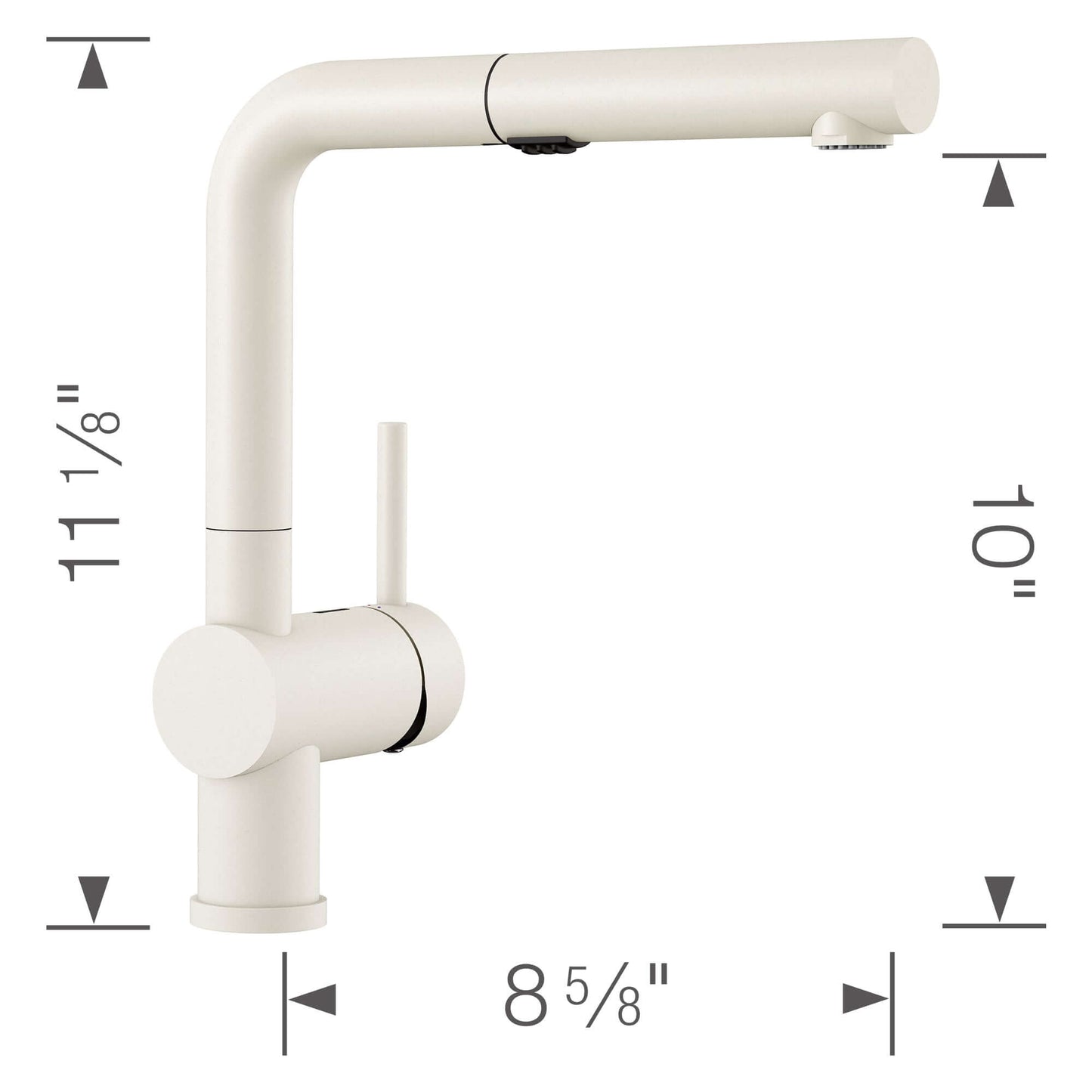 BLANCO Linus Low Arc Pull-Out Dual-Spray Kitchen Faucet -White dimensions, compact design for kitchen use.