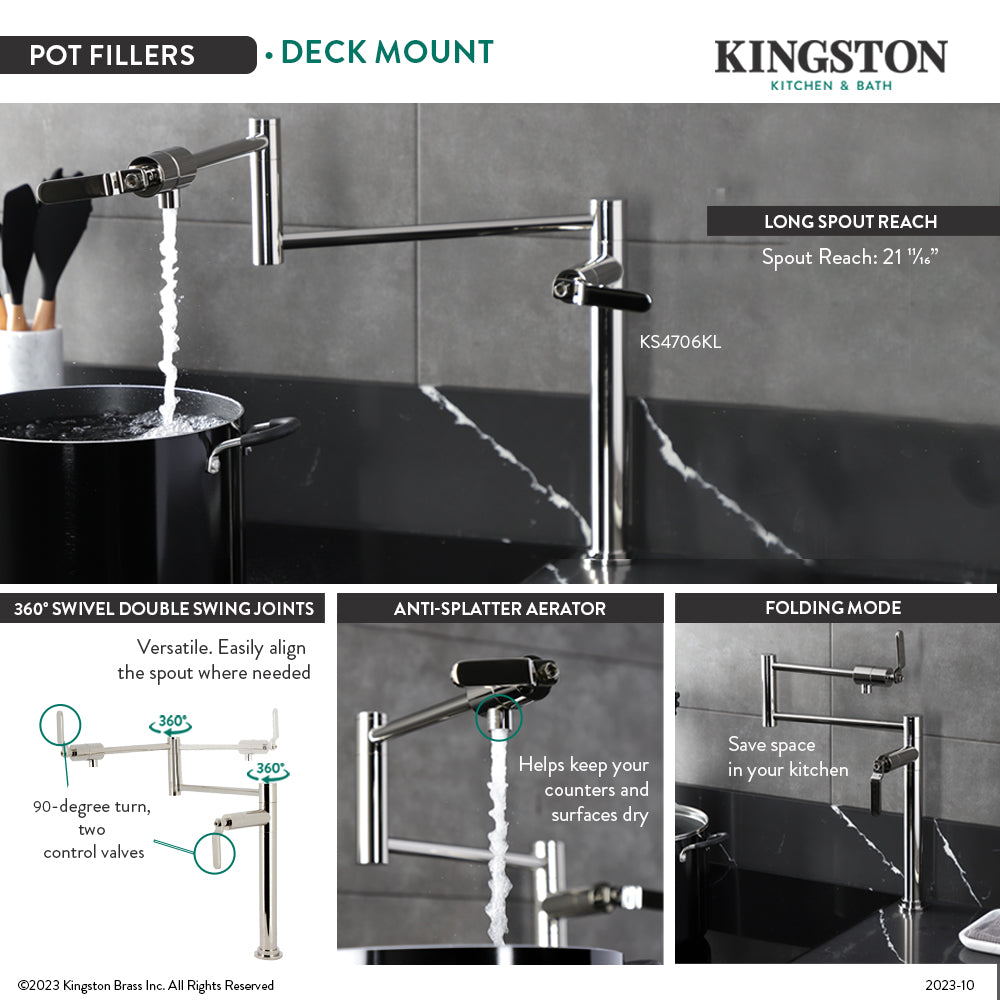 Kingston Brass KS4703KL Whitaker Deck Mount Pot Filler Faucet, Antique Brass showcasing foldable swing arms and long spout reach.