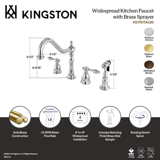 Kingston Brass KS1798TALBS Tudor Double-Handle Widespread Kitchen Faucet with Brass Sprayer, Brushed Nickel