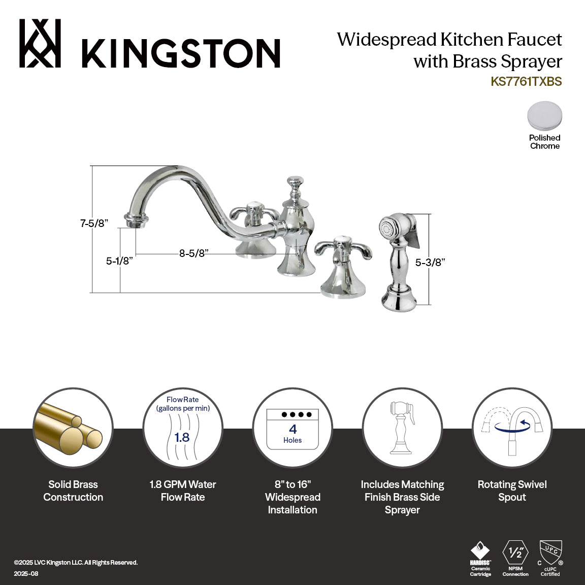 Kingston Brass KS7761TXBS French Country Double-Handle Widespread Kitchen Faucet with Brass Sprayer, Polished Chrome