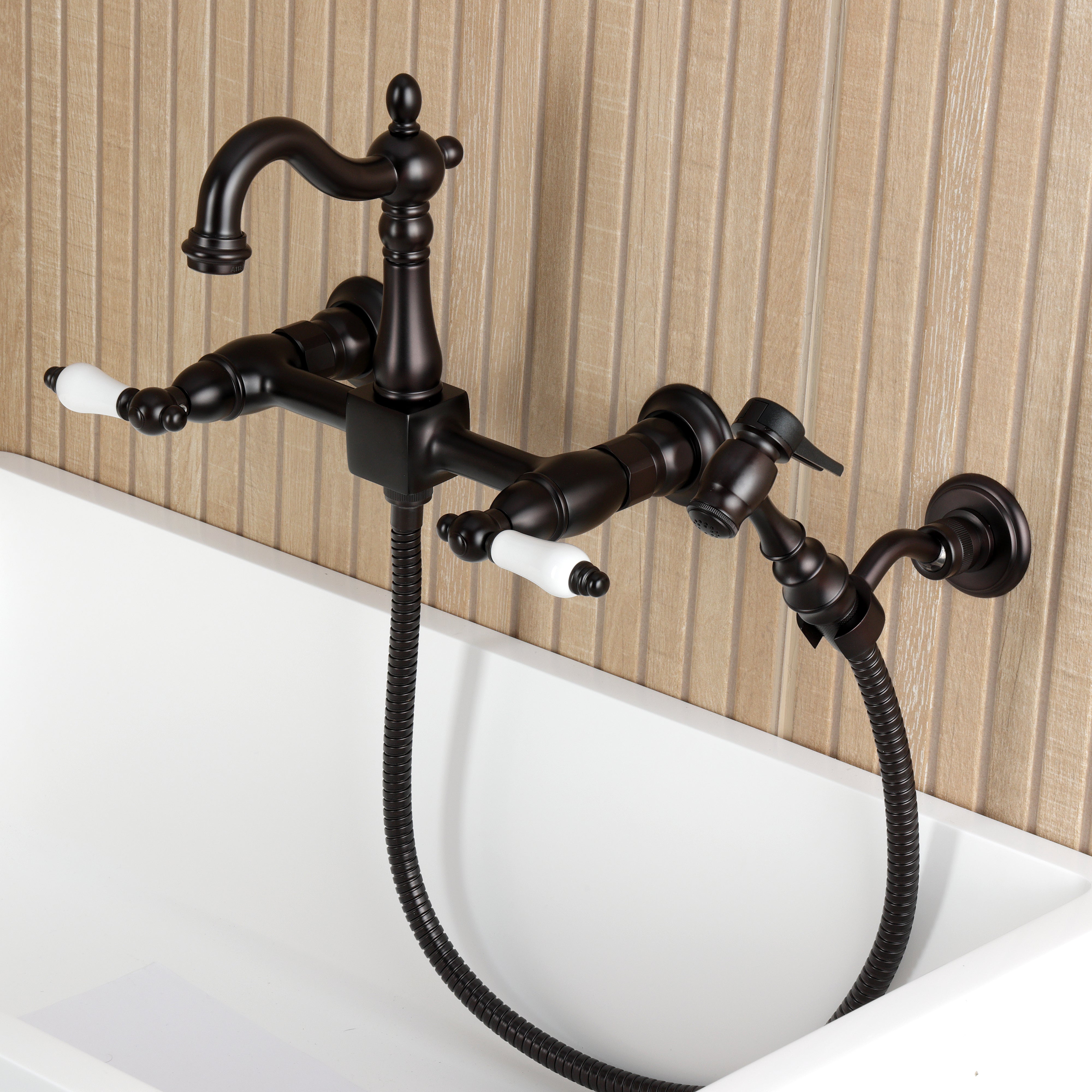 Kingston KS2443PLBS Heritage Two-Handle Wall Mount Bridge Kitchen Faucet with Brass Sprayer, Antique Brass