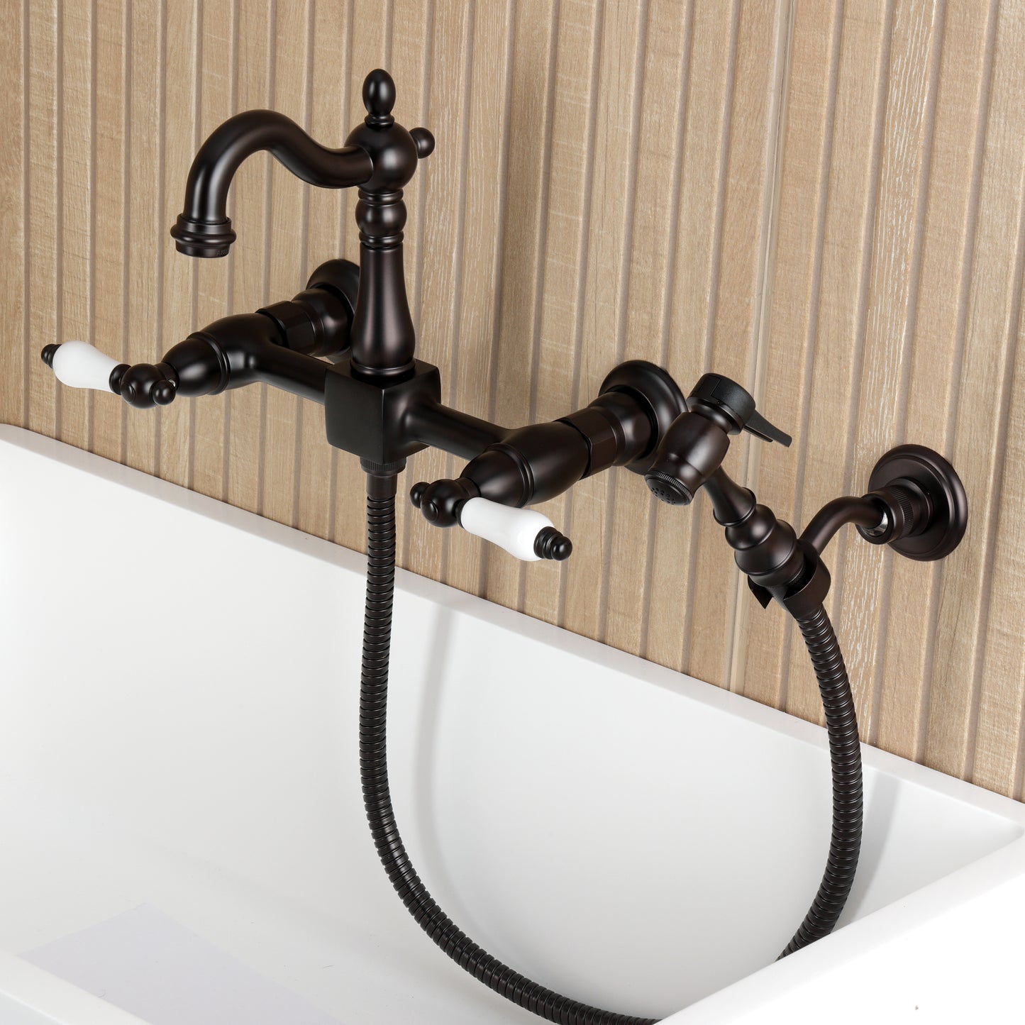 Kingston KS2443PLBS Heritage Two-Handle Wall Mount Bridge Kitchen Faucet with Brass Sprayer, Antique Brass