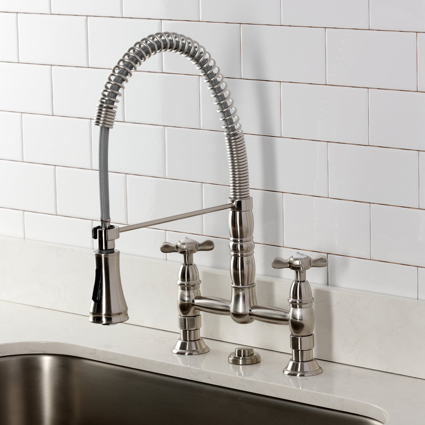 Kingston Brass GS1273BEX Essex Double-Handle Deck-Mount Pre-Rinse Bridge Kitchen Faucet, Antique Brass