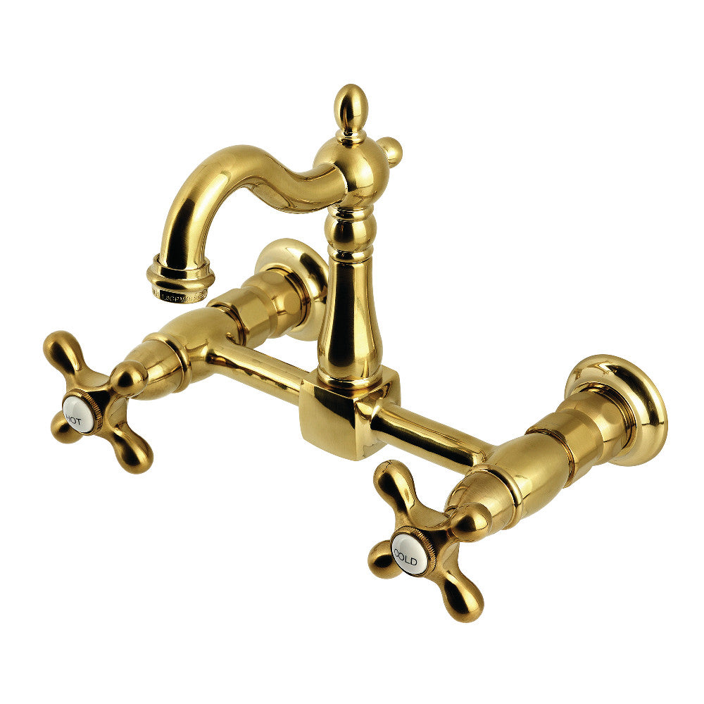 Kingston KS2443AX Heritage Two-Handle Wall Mount Bridge Kitchen Faucet, Antique Brass with classic cross handles