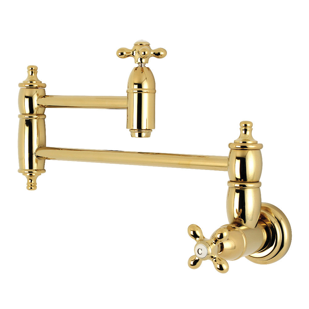 Kingston Brass KS3103AX Restoration Wall Mount Pot Filler Faucet, Antique Brass with foldable swing arms and traditional charm.