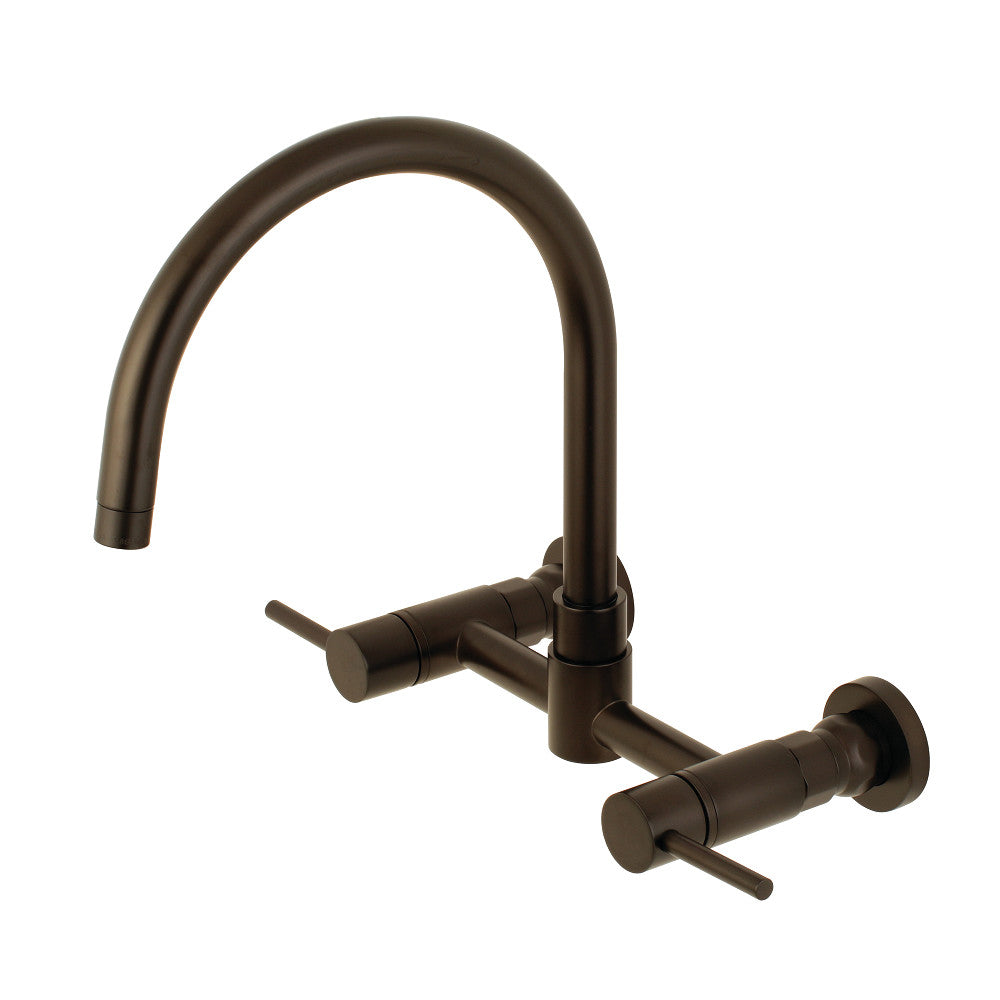Kingston Brass KS8178DL Concord Wall Mount Bridge Kitchen Faucet in a modern bronze finish with a gooseneck design.