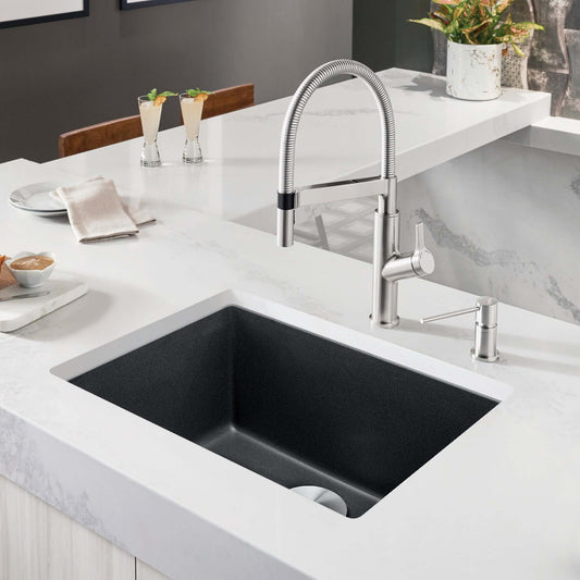 BLANCO PRECIS 24" SILGRANIT Compact Undermount Sink with modern faucet in sleek kitchen countertop setting.