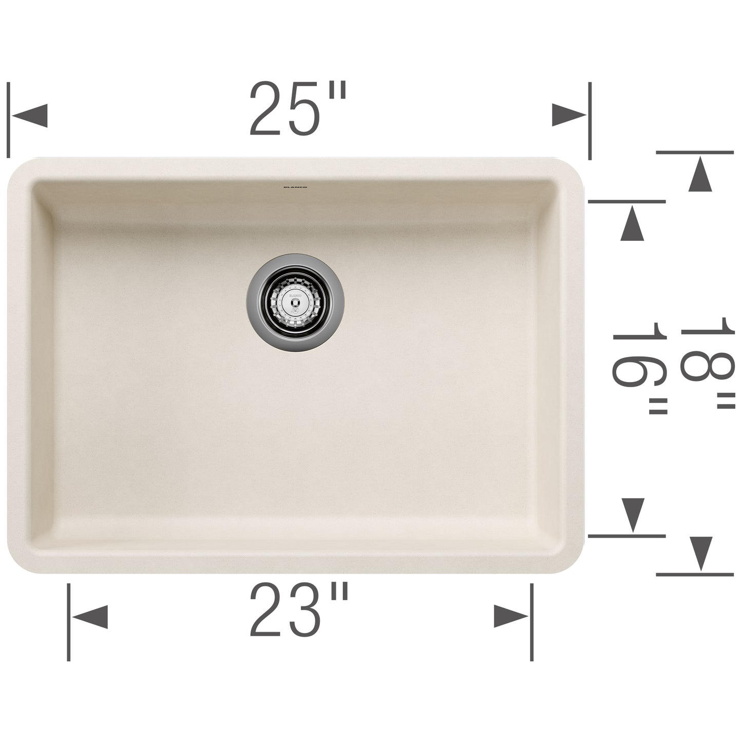 BLANCO Precis SILGRANIT 25" ADA Single Bowl Undermount Kitchen Sink dimensions and specifications.