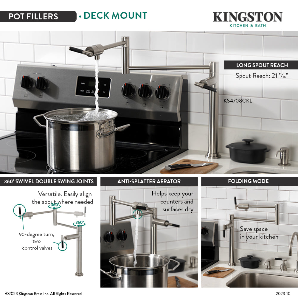 Kingston Brass KS4703CKL Kaiser Deck Mount Pot Filler Faucet, Antique Brass in use with pot on the stove.
