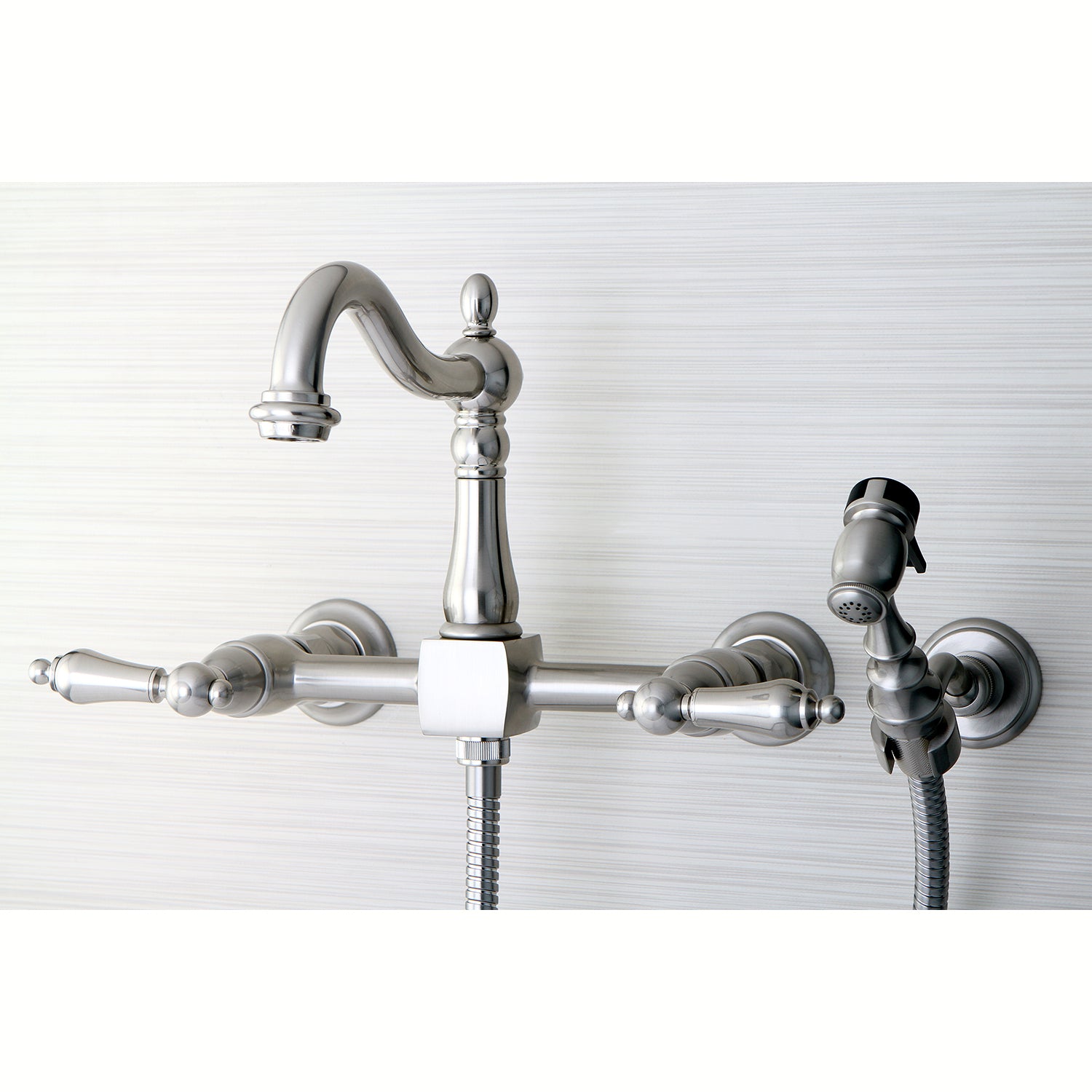 Kingston KS1263ALBS Heritage Two-Handle Wall Mount Bridge Kitchen Faucet with Brass Sprayer, Antique Brass