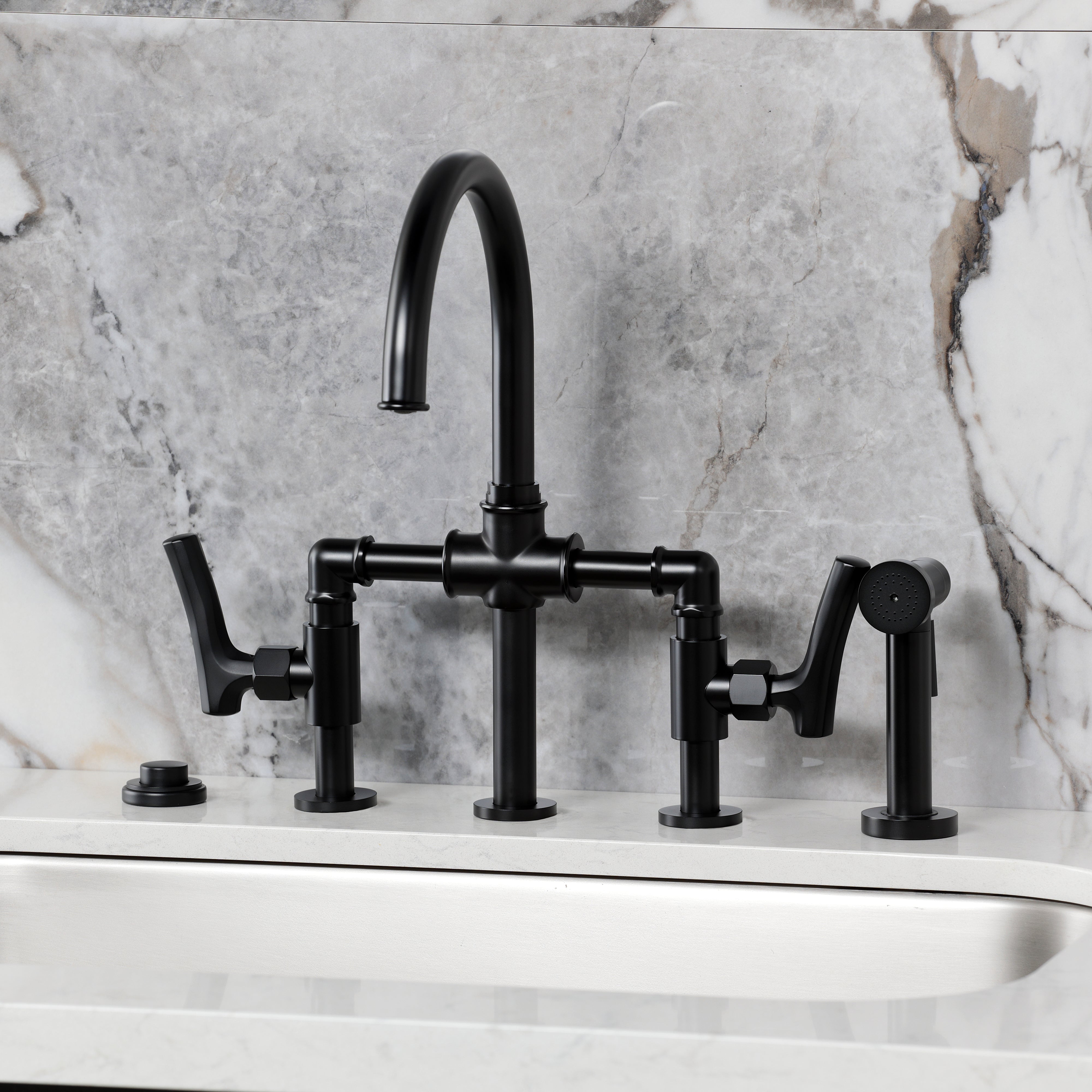 Kingston KS2333TKL Hallerbos Bridge Kitchen Faucet with Brass Sprayer, Antique Brass on marble countertop.