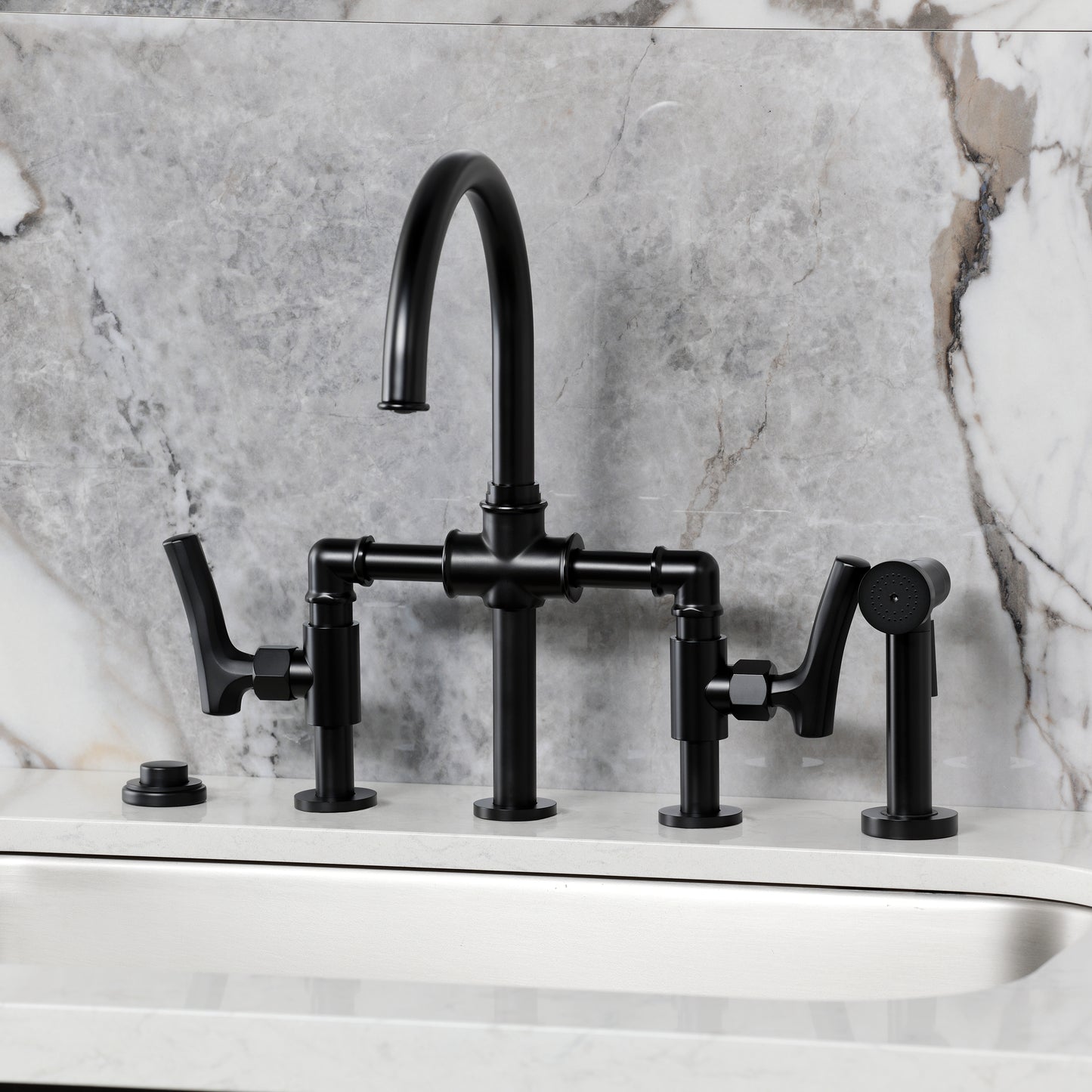 Kingston KS2333TKL Hallerbos Bridge Kitchen Faucet with Brass Sprayer, Antique Brass on marble countertop.