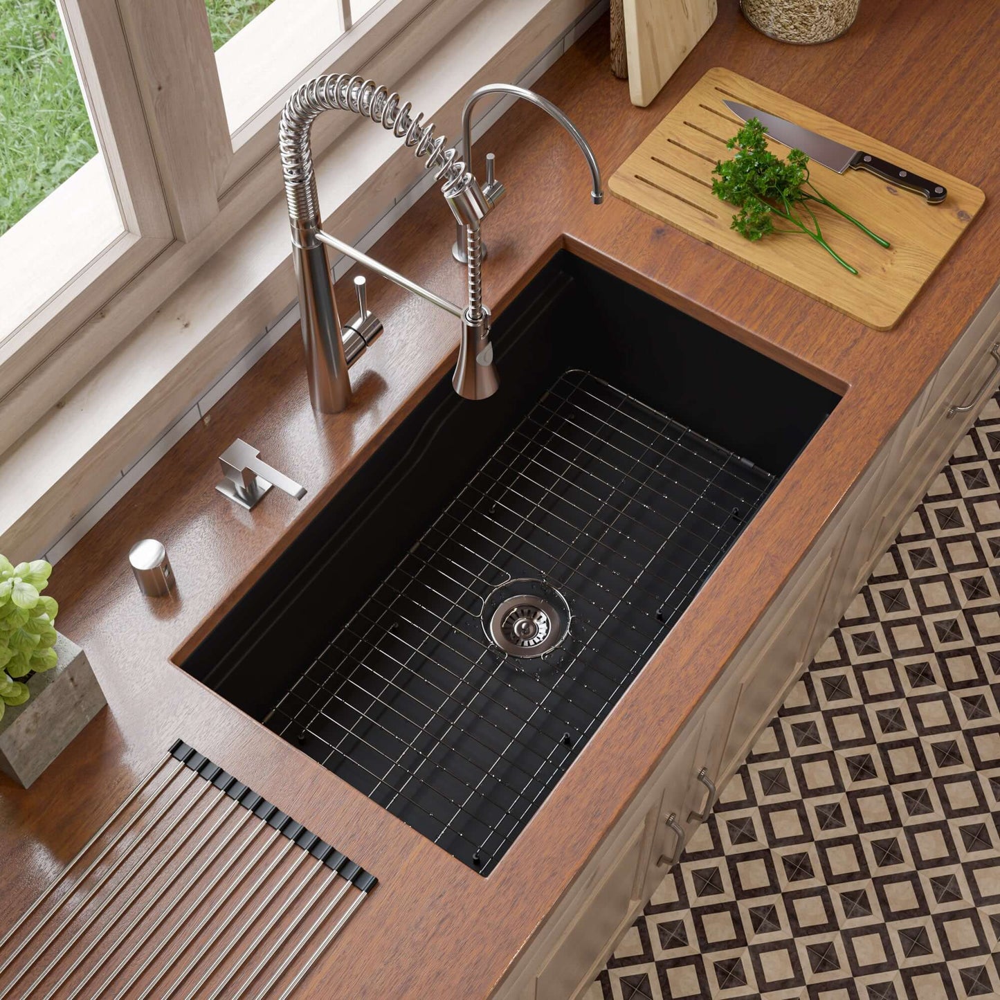 Alfi 32" Dual Mount Fireclay Workstation Kitchen Sink - ABFS3219SUD with modern faucet and bamboo cutting board.