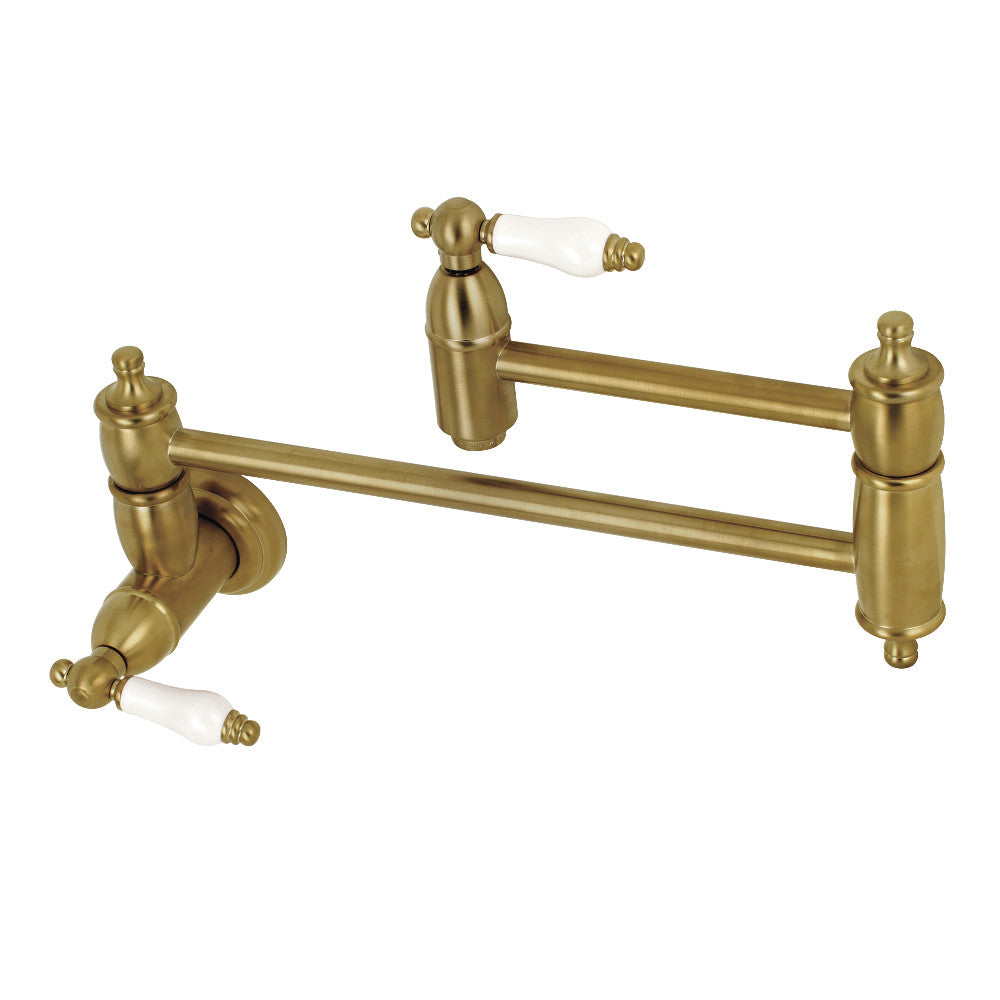 Kingston Brass KS3103PL Restoration Wall Mount Pot Filler Faucet, Antique Brass with brushed brass finish.