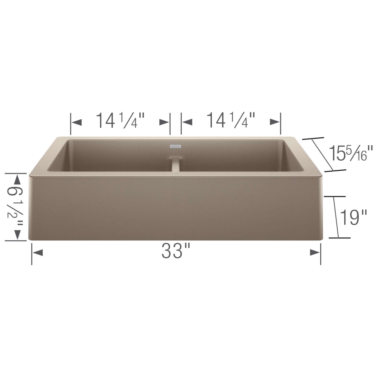 BLANCO VINTERA 33" SILGRANIT Double Bowl Farmhouse Sink dimensions showing 33" width and 9" bowl depth.