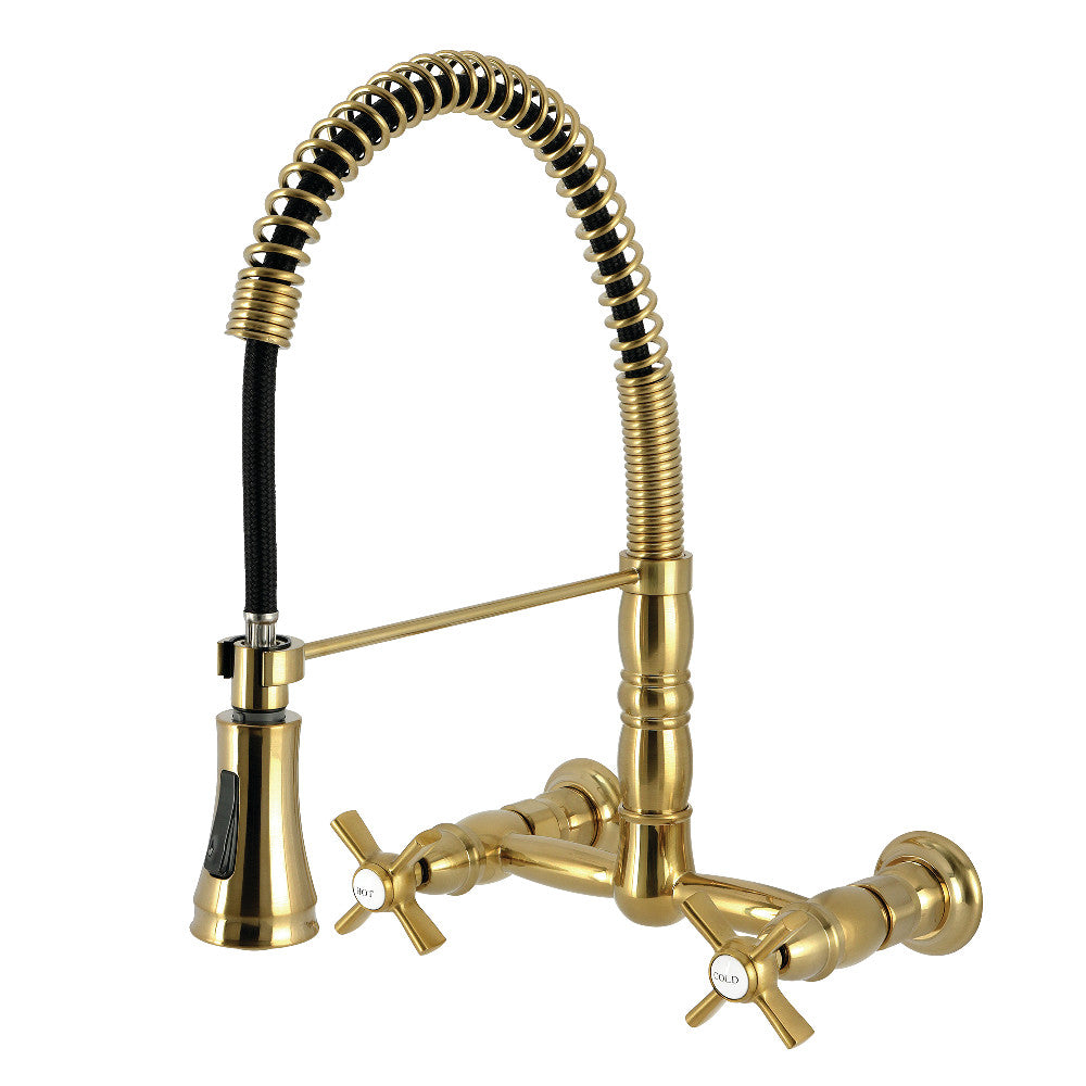 Kingston Brass GS1243ZX Millennium Double-Handle Wall-Mount Pre-Rinse Bridge Kitchen Faucet, Antique Brass with extendable spout.