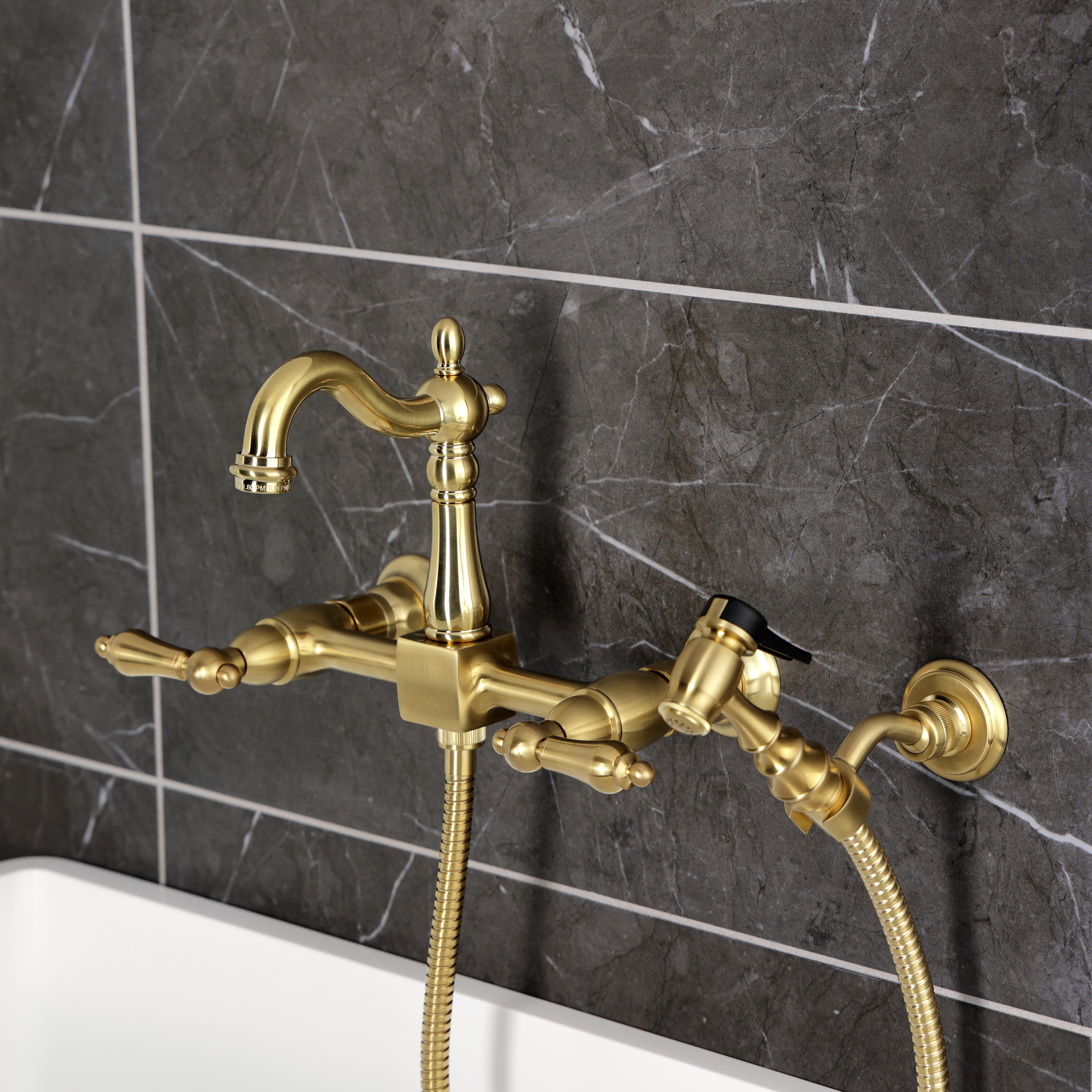 Kingston KS2443ALBS Heritage Two-Handle Wall Mount Bridge Kitchen Faucet with Brass Sprayer, Antique Brass