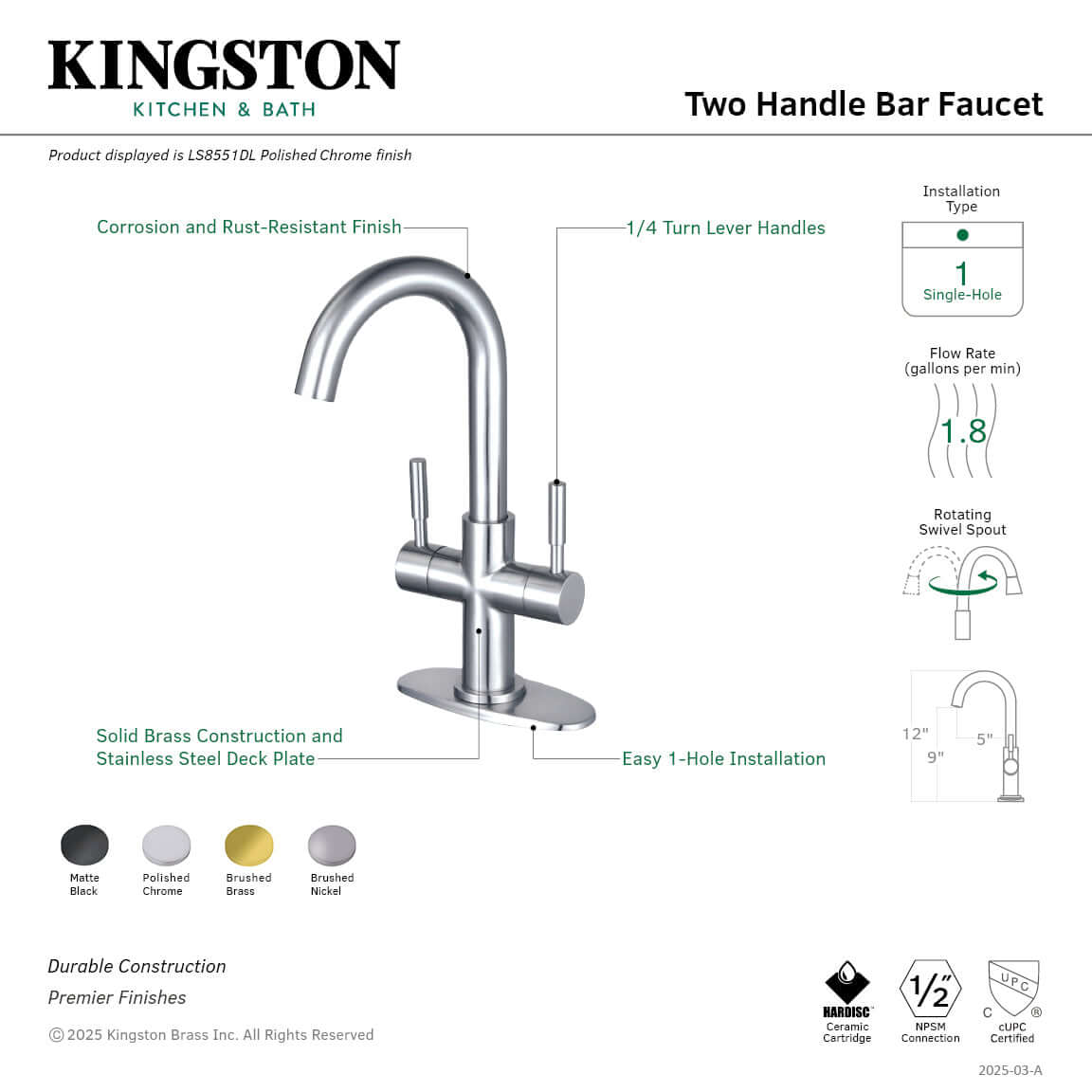 Kingston Brass LS8553DL Concord Double-Handle Bar Faucet, Brushed Brass with corrosion-resistant finish and 1.8 GPM flow rate.