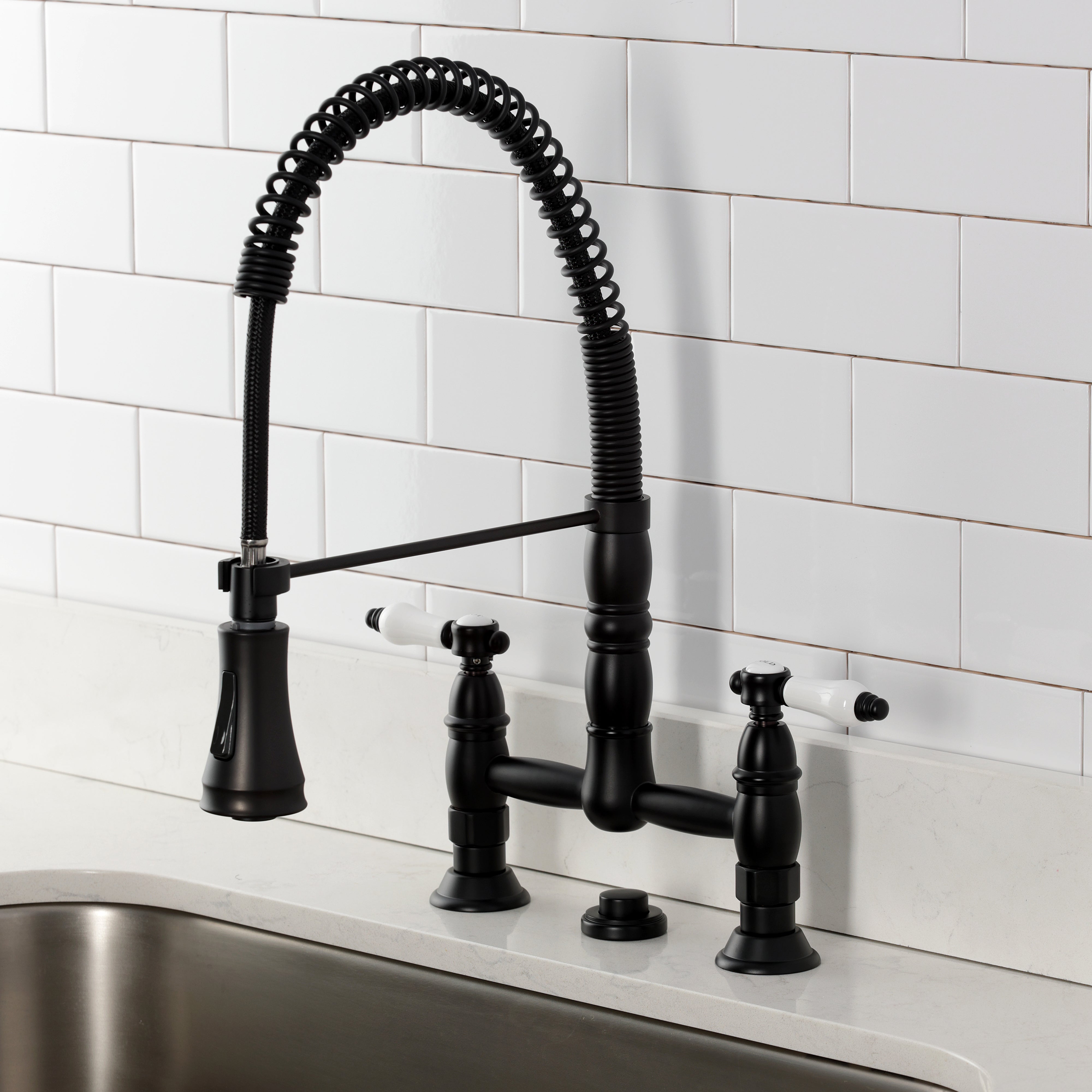 Kingston Brass GS1273BPL Bel-Air Double-Handle Deck-Mount Pre-Rinse Bridge Kitchen Faucet, Antique Brass