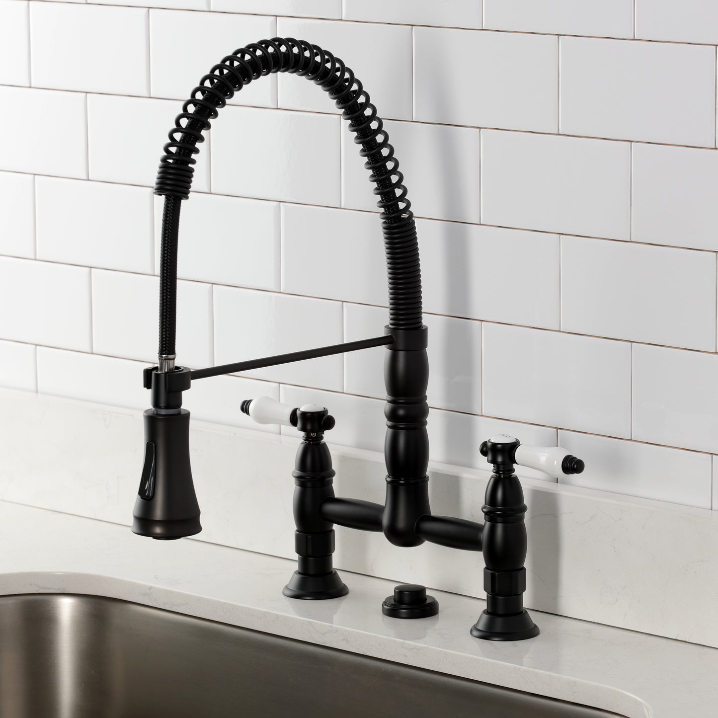 Kingston Brass GS1273BPL Bel-Air Double-Handle Deck-Mount Pre-Rinse Bridge Kitchen Faucet, Antique Brass