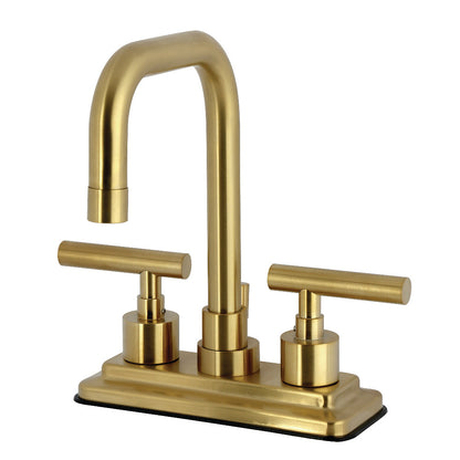 Kingston Brass KS6643CML Manhattan Centerset Bathroom Faucet right side view with high-arc gooseneck design and lever handles.