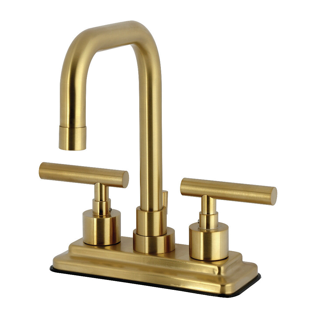 Kingston Brass KS6643CML Manhattan Centerset Bathroom Faucet right side view with high-arc gooseneck design and lever handles.