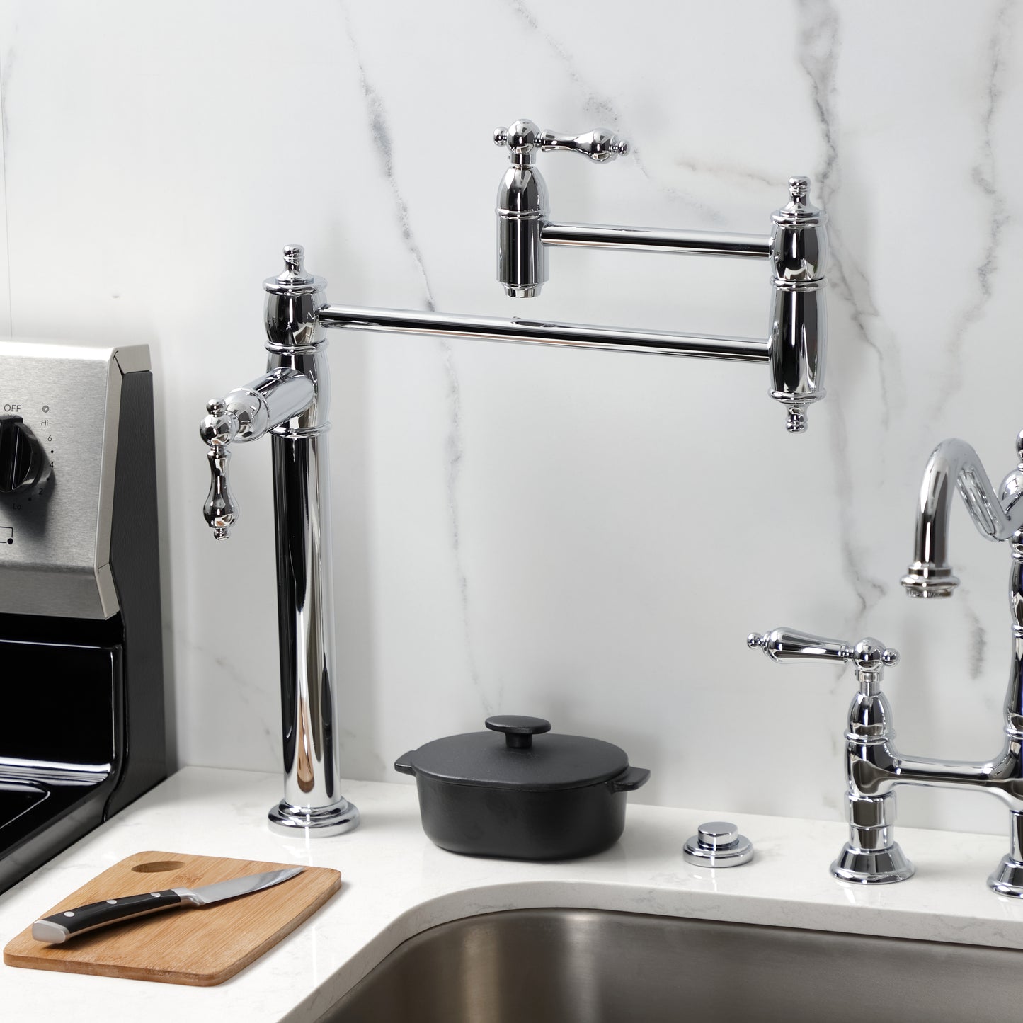 Kingston Brass KS3703AL Restoration Deck Mount Pot Filler Faucet, Antique Brass in a kitchen setting.