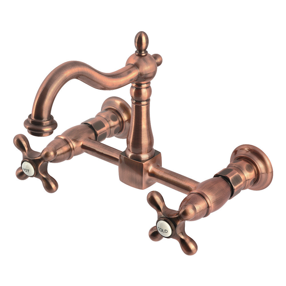 Kingston KS1263AX Heritage Two-Handle Wall Mount Bridge Kitchen Faucet, Antique Brass with hot and cold handles in antique copper.