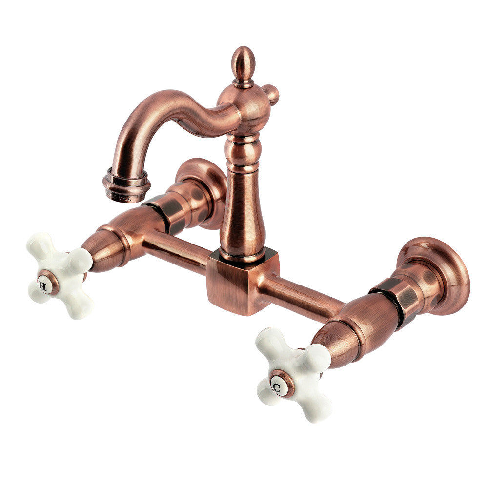Kingston KS2443PX Heritage Two-Handle Wall Mount Bridge Kitchen Faucet, Antique Brass with porcelain cross handles