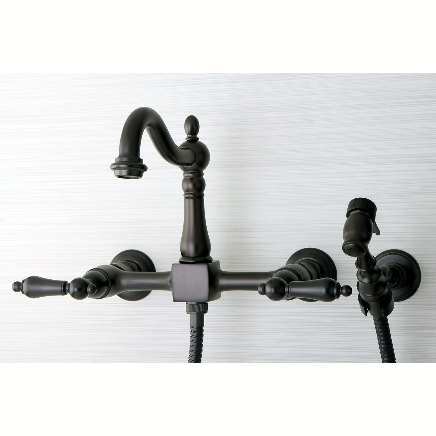 Kingston KS1263ALBS Heritage Two-Handle Wall Mount Bridge Kitchen Faucet with Brass Sprayer, Antique Brass