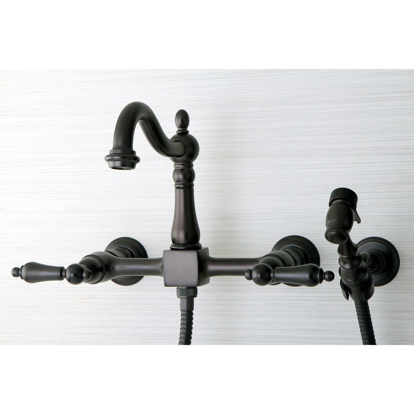 Kingston KS1263ALBS Heritage Two-Handle Wall Mount Bridge Kitchen Faucet with Brass Sprayer, Antique Brass