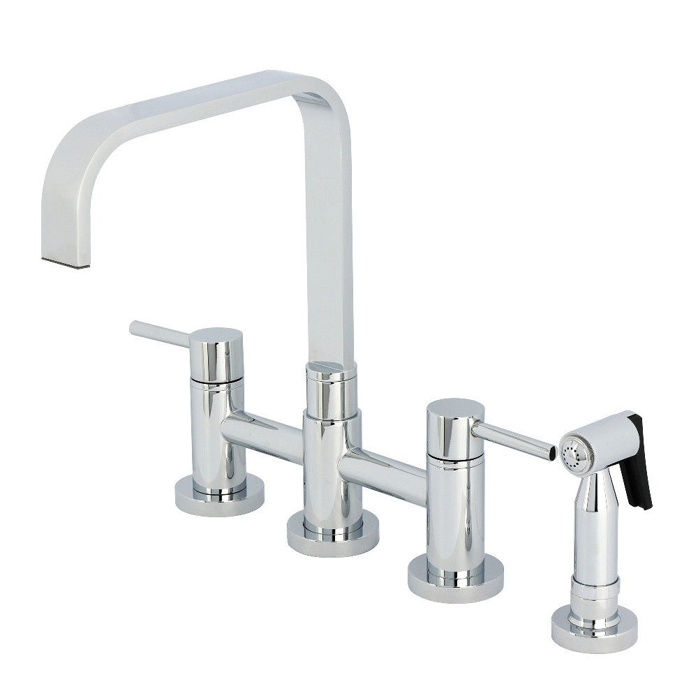 Kingston KS8257DLBS Concord Bridge Kitchen Faucet with Brass Sprayer, Brushed Brass in polished chrome finish.