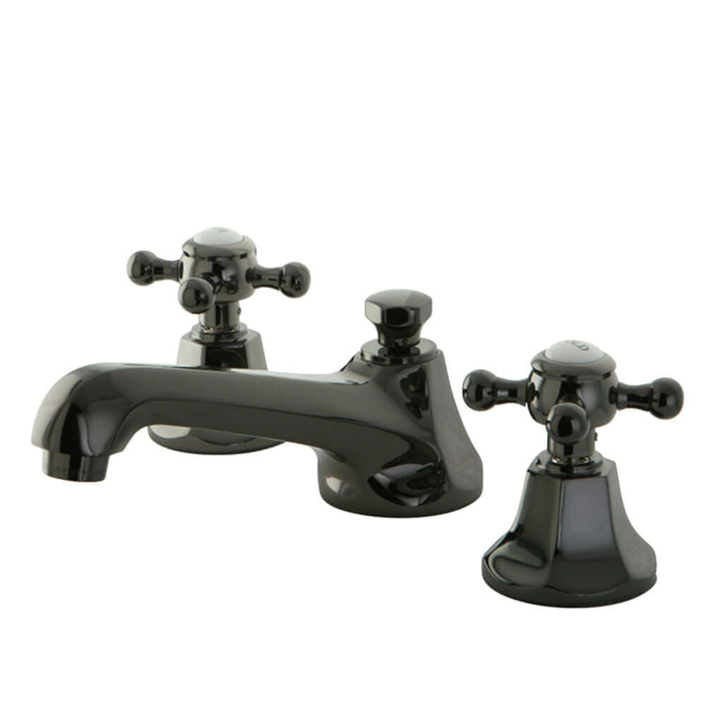 Kingston Brass NS4460BX Water Onyx Widespread Bathroom Faucet from front view with traditional cross handles.
